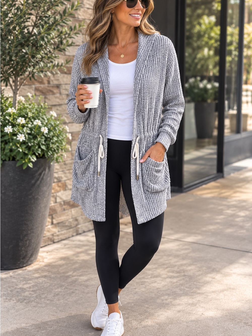 Open-Front Gray Hooded Knit Cardigan with Drawstring Waist
